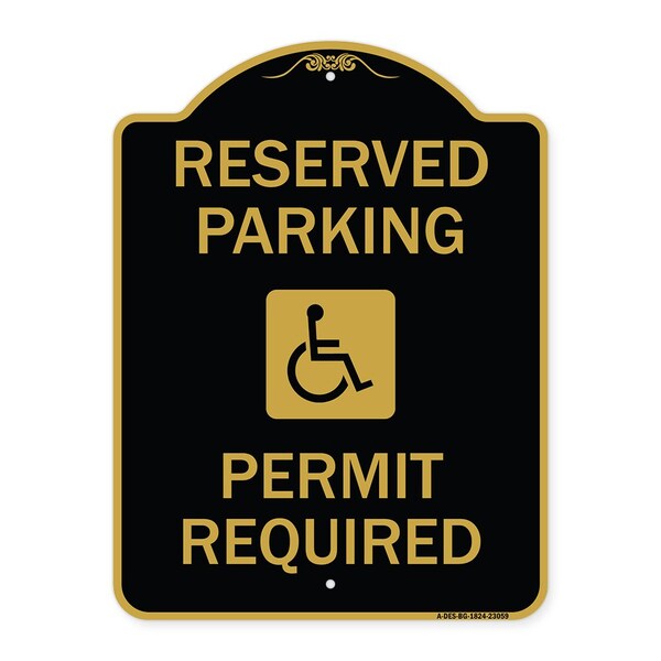 Reserved Parking Permit Required W/ Graphic, Black & Gold Aluminum Sign, 18" x 24", BG-1824-23059